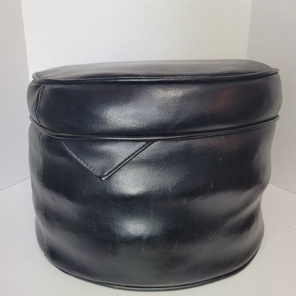 Vtg MCM Retro Black Round Vinyl Ottoman Footstool Hassock 15” Furniture Decore - Picture 4 of 7